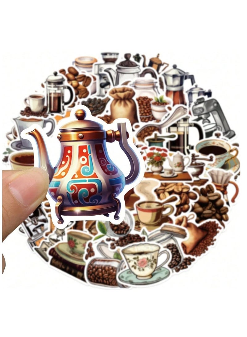 50 قطعة ملصقات قهوة مقاومة للماء، حزمة استكرات كرتونية لعشاق البن، ملصقات كوب القهوة وآلة الاسبريسو، استكرات لاصقة للحقائب والكراسات وزجاجات المياه، مجموعة ملصقات ديكور DIY للكمبيوتر والمحمول، ملصقات فينيل مقاومة للحرارة والماء، استكرات باريستا وتصاميم أكواب قهوة لطيفة، ملصقات تزيين أدوات القهوة المختصة، حزمة ملصقات فنية متنوعة للدفاتر والمطارات، هدايا لعشاق القهوة، ملصقات جدارية صغيرة وقابلة للإزالة، ديكور ركن القهوة المنزلي. - Image 4